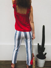 Pantalon Charley à rayures blanc et bleu